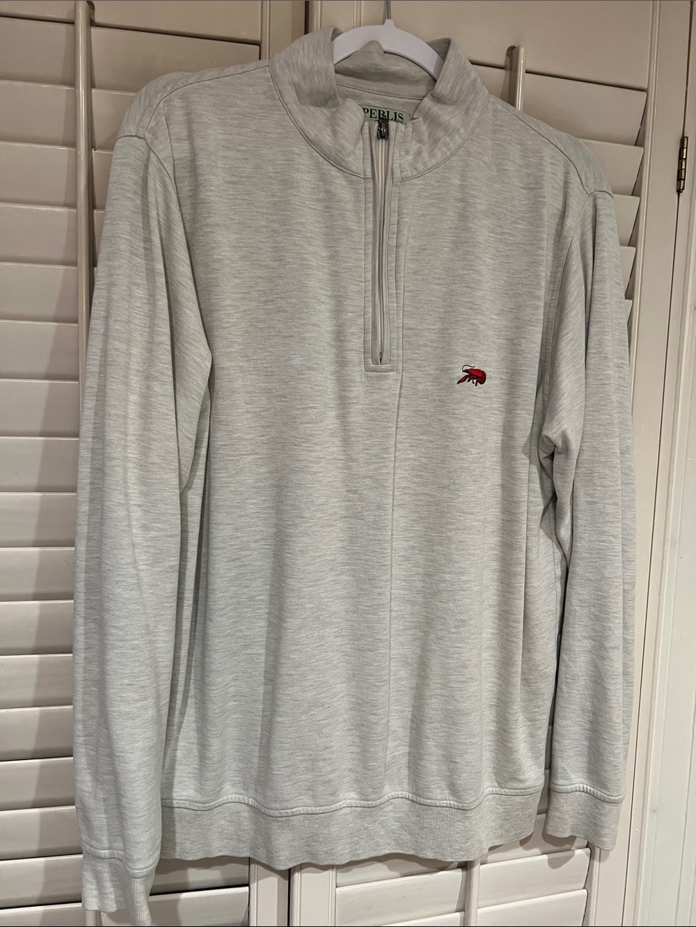 Perlis Men’s Light Gray Quarter-Zip Sweater with Red Crawfish logo. NOLA classic